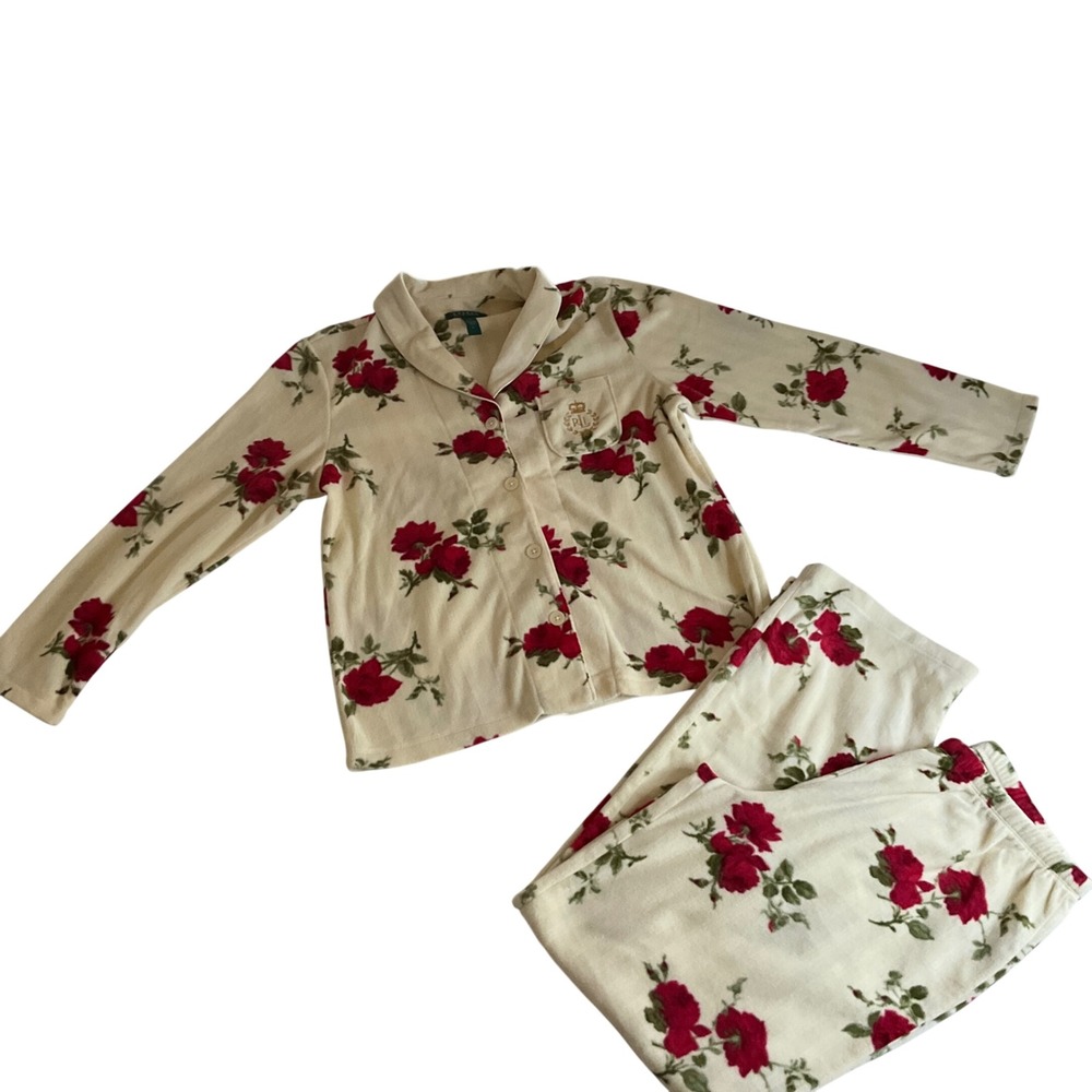 Lauren Ralph Lauren Pajama Set Women Large Cream Red Rose Floral Fleece NWOT